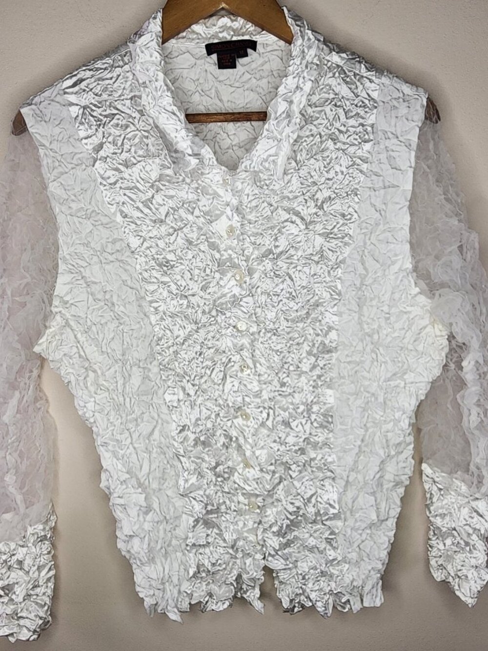 Simon Chang Crinkle Ruffle Blouse White Size 14 Crystal Buttons